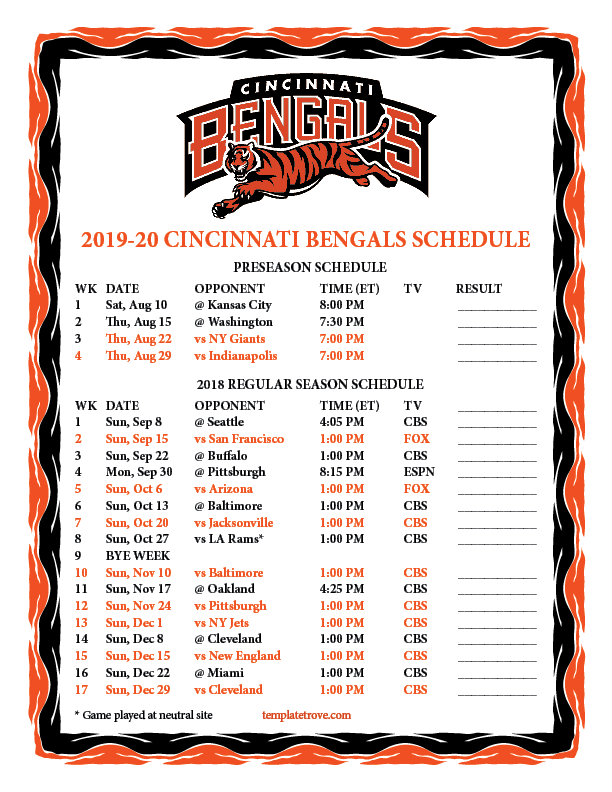 Bengals Schedule 2021 Printable