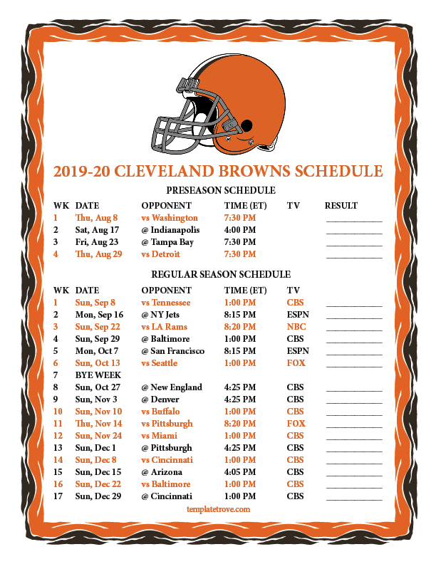 Printable 2019 2020 Cleveland Browns Schedule