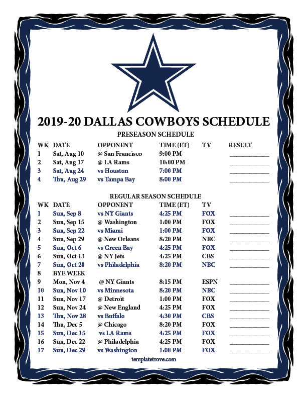 Printable 2019 2020 Dallas Cowboys Schedule
