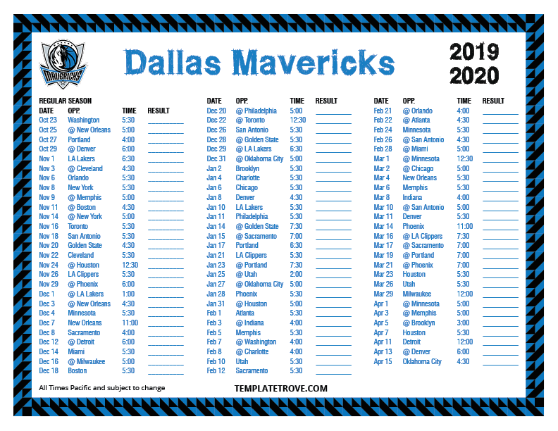 Dallas Mavericks Printable Schedule