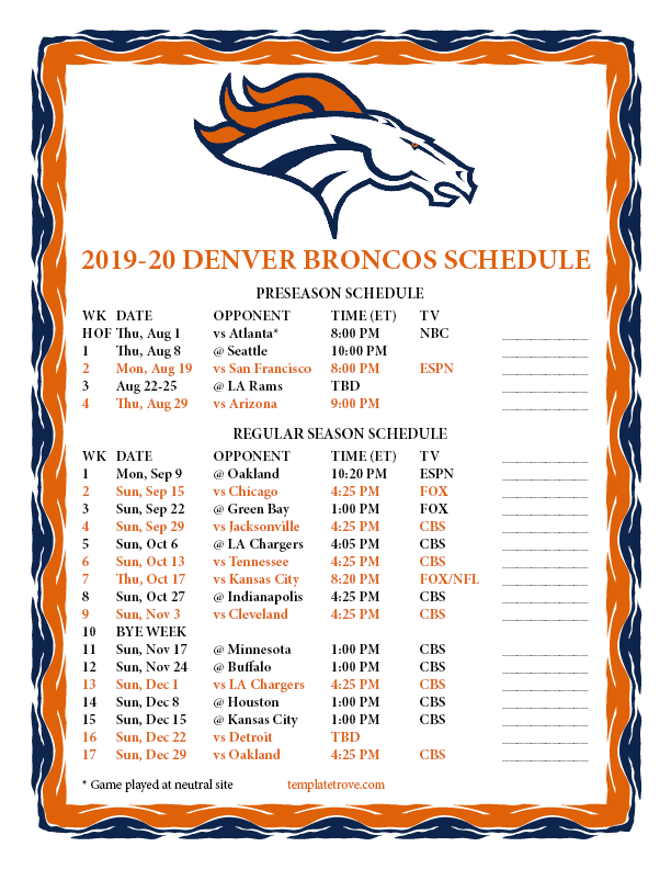 Printable 2019 2020 Denver Broncos Schedule