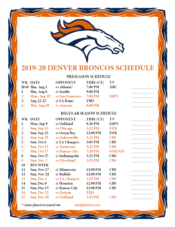 Printable 2019 2020 Denver Broncos Schedule