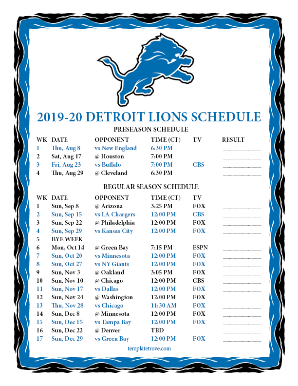 Printable 2019 2020 Detroit Lions Schedule