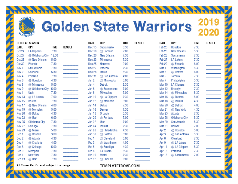 Printable 2019 2020 Golden State Warriors Schedule