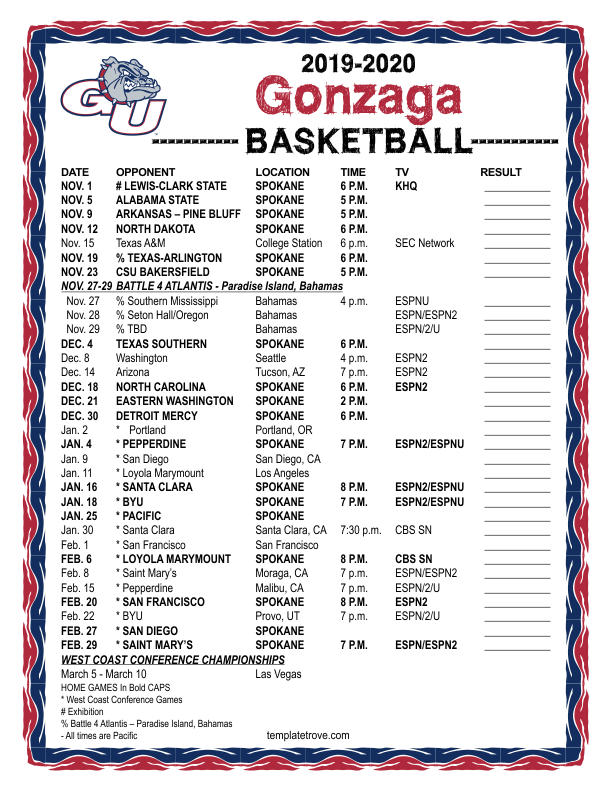 Printable 2019 2020 Gonzaga Bulldogs Basketball Schedule