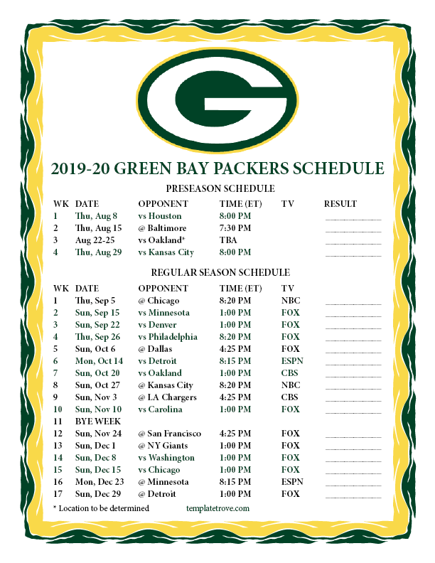 Green Bay Packers Printable Schedule