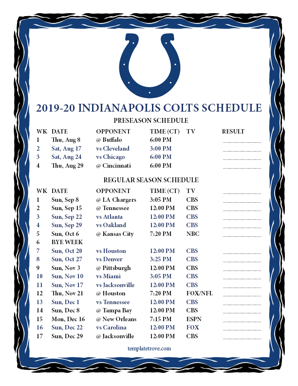 Printable 2019 2020 Indianapolis Colts Schedule