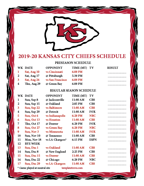 Printable 2019 2020 Kansas City Chiefs Schedule