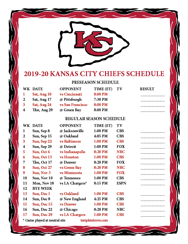 Printable 2019 2020 Kansas City Chiefs Schedule