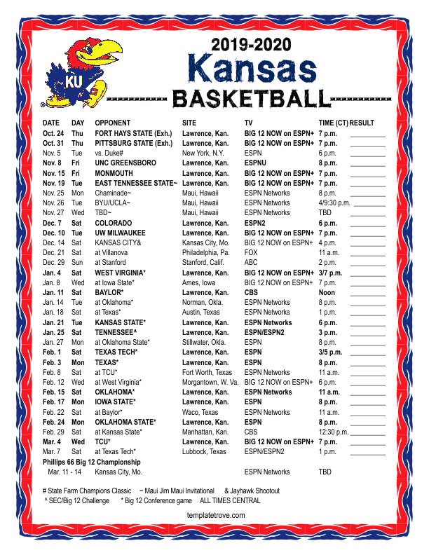 Kansas Men's Basketball Printable Schedule