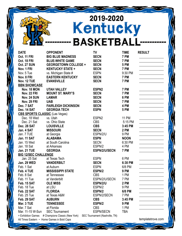 Printable 2019 2020 Kentucky Wildcats Basketball Schedule