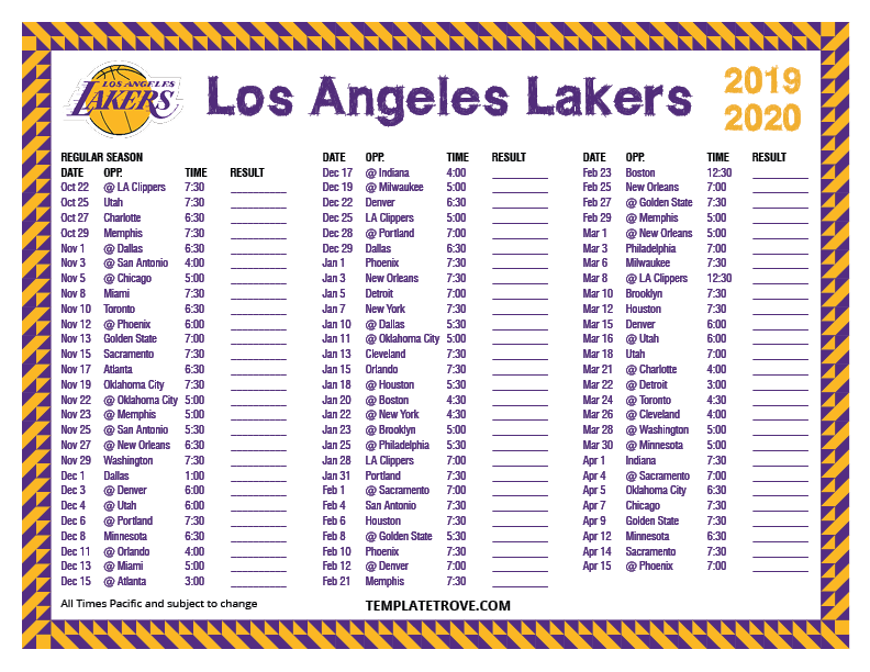Printable 2019 2020 Los Angeles Lakers Schedule