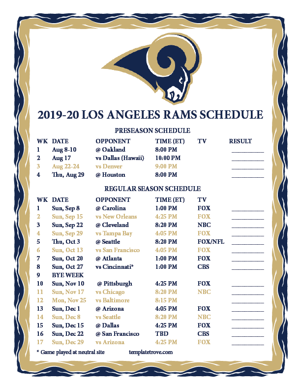 Rams Printable Schedule