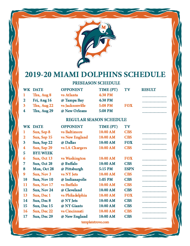 Printable 2019 2020 Miami Dolphins Schedule