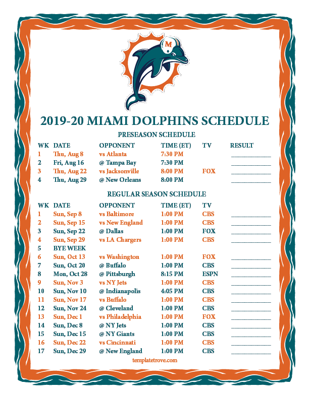 Printable 2019 2020 Miami Dolphins Schedule