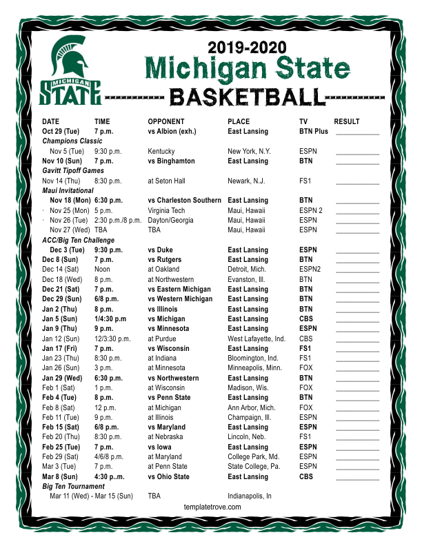 Michigan State Basketball Schedule Printable