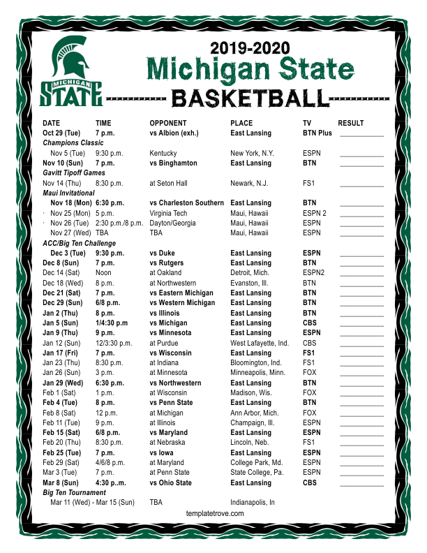 Printable 2019 2020 Michigan State Spartans Basketball 