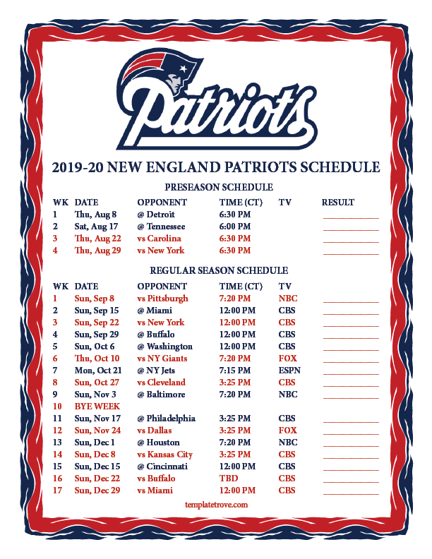 Printable 2019 2020 New England Patriots Schedule