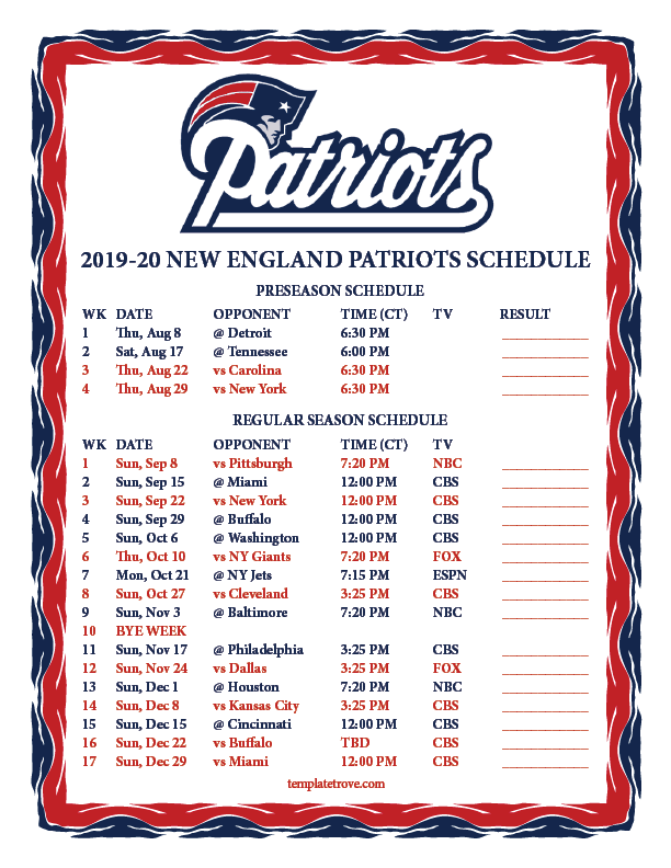 Patriots Schedule Printable