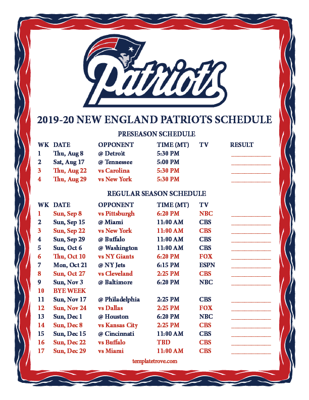 Printable 2019 2020 New England Patriots Schedule