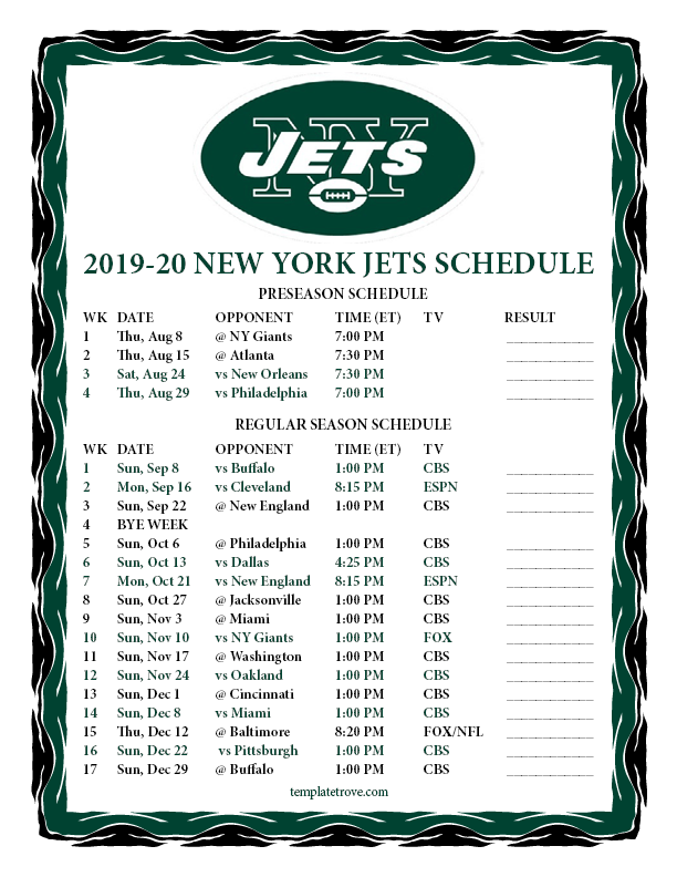 Printable 2019 2020 New York Jets Schedule