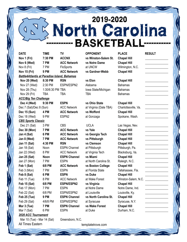 Printable 2019 2020 North Carolina Tarheels Basketball