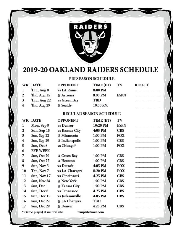 Raiders Schedule Printable