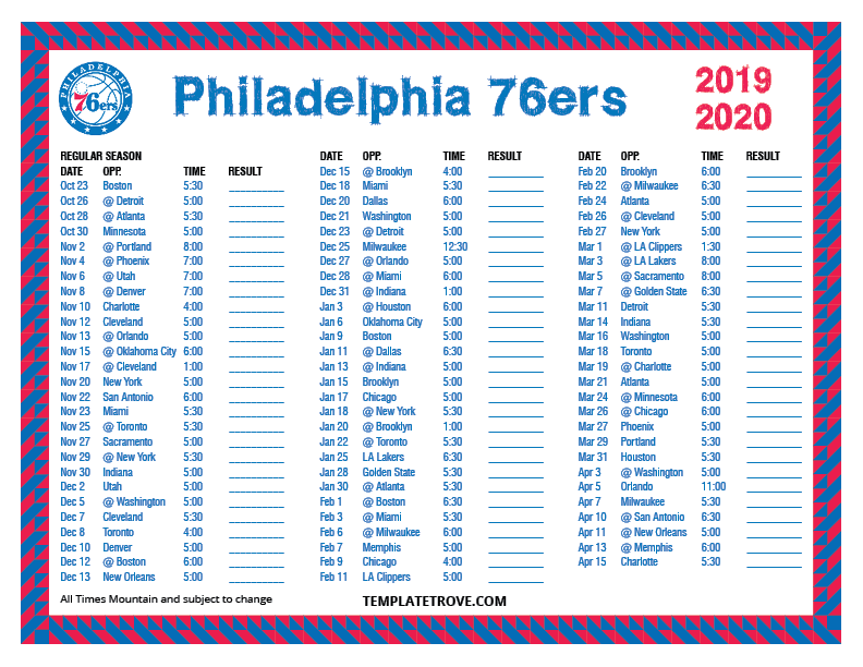 Printable 2019 2020 Philadelphia 76ers Schedule