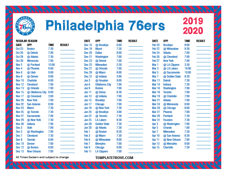 Printable 2019 2020 Philadelphia 76ers Schedule