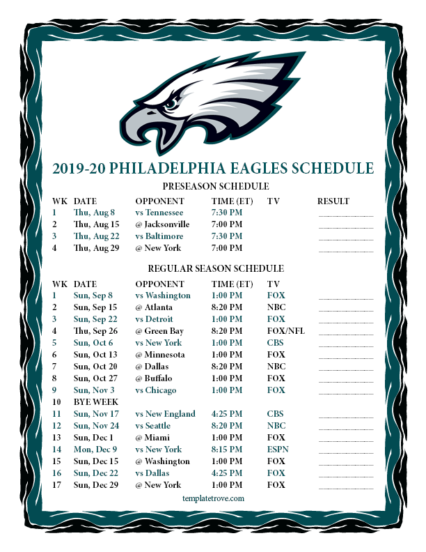 Printable 2019 2020 Philadelphia Eagles Schedule