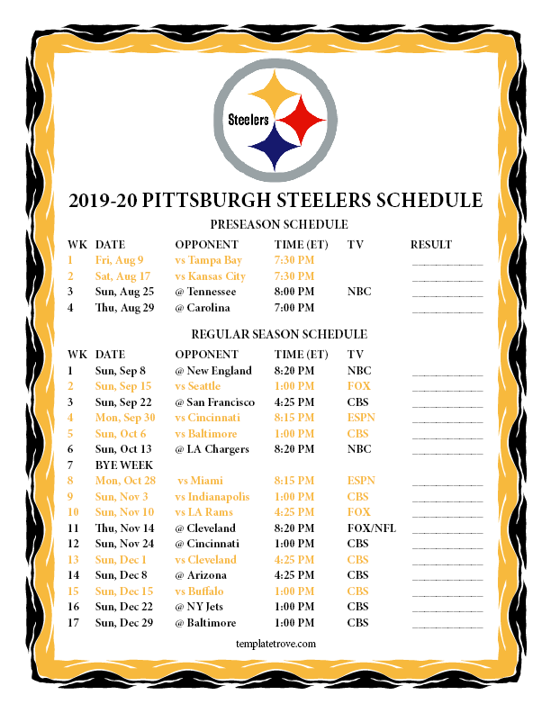 Printable 2019 2020 Pittsburgh Steelers Schedule