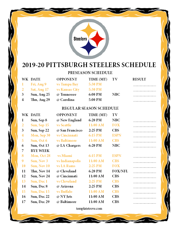 Printable 2019 2020 Pittsburgh Steelers Schedule
