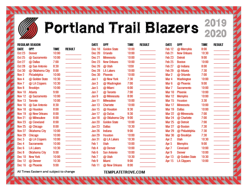 Printable 2019 2020 Portland Trail Blazers Schedule