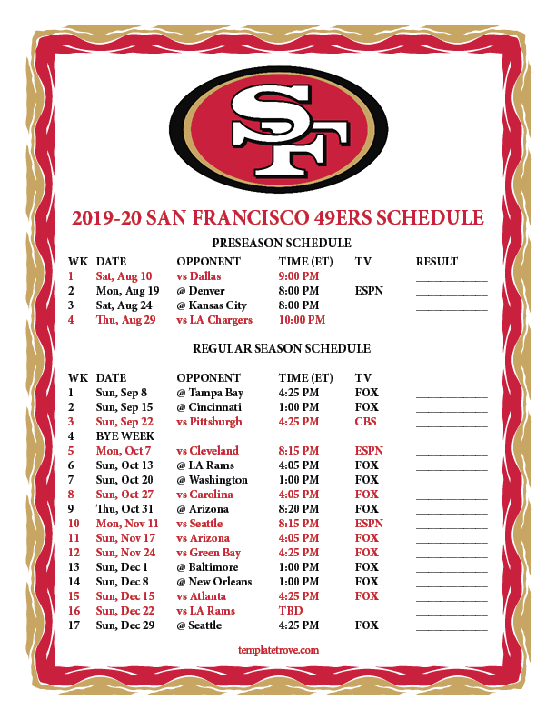 49ers Printable Schedule 202122