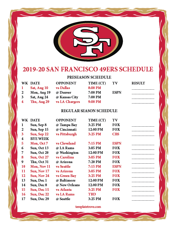 Printable 2019 2020 San Francisco 49ers Schedule