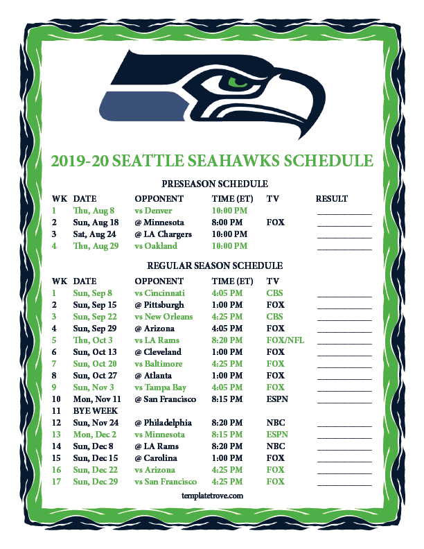 Printable 2019 2020 Seattle Seahawks Schedule