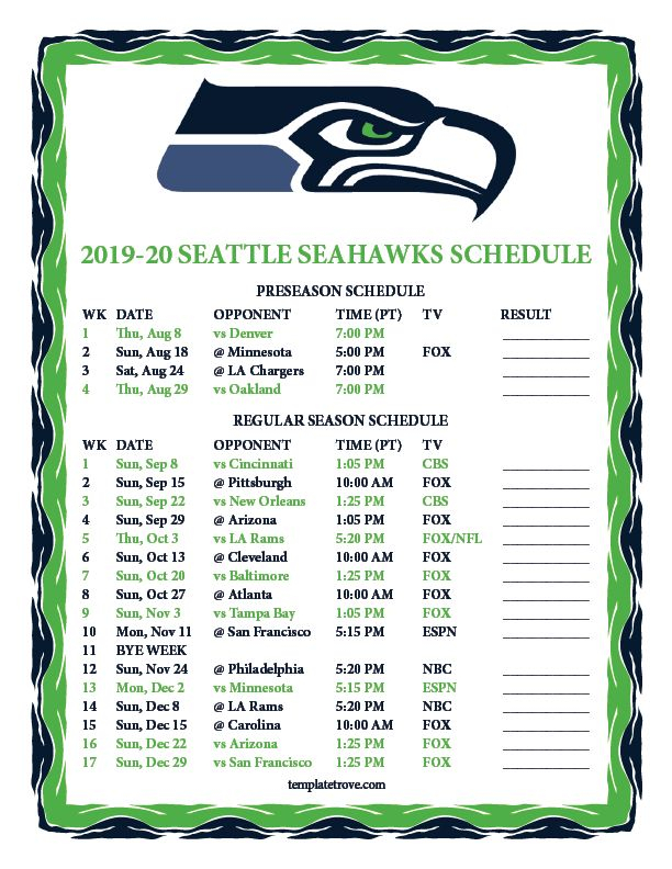 Printable 2019 2020 Seattle Seahawks Schedule With Images 