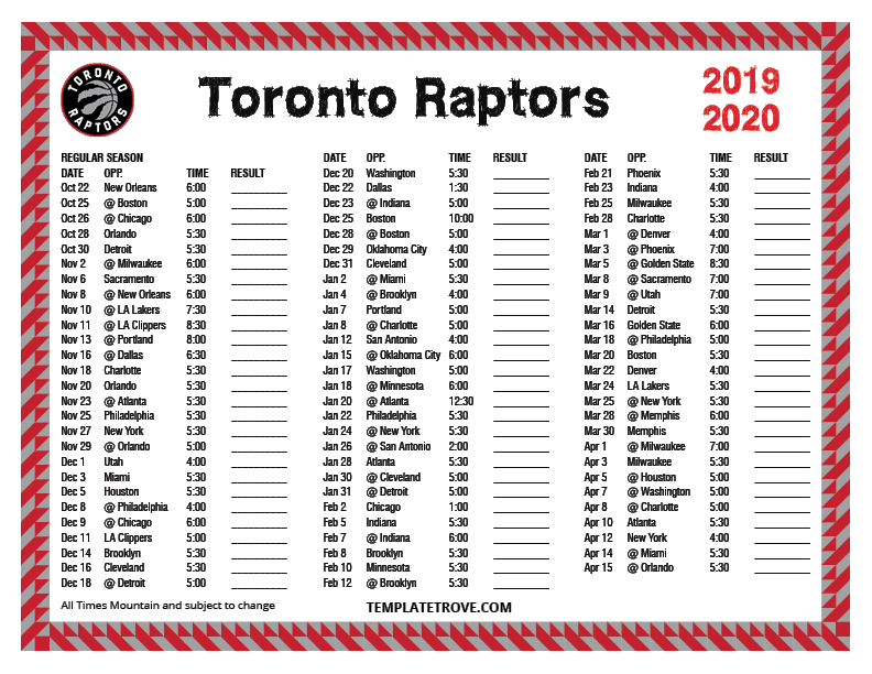 Printable Raptors Schedule