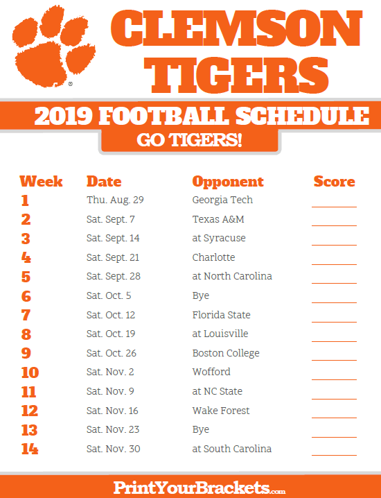 Printable 2019 Clemson Tigers Football Schedule Clemson 