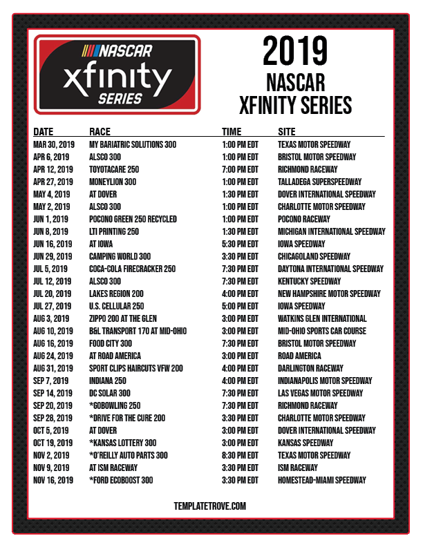 Printable 2019 NASCAR Schedule