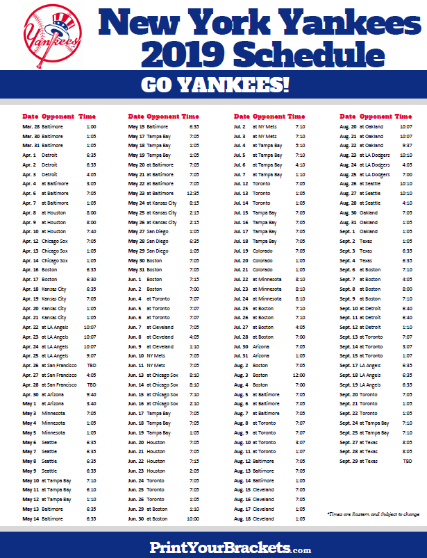 Printable 2019 New York Yankees Schedule Yankees 