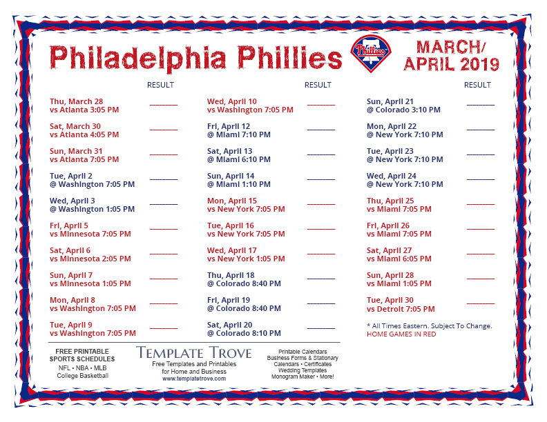 Printable 2019 Philadelphia Phillies Schedule