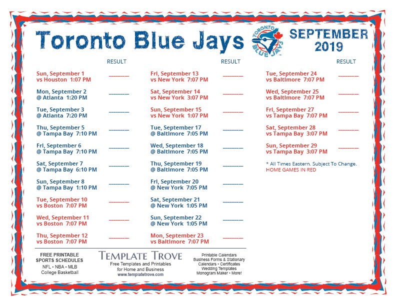 Printable 2019 Toronto Blue Jays Schedule