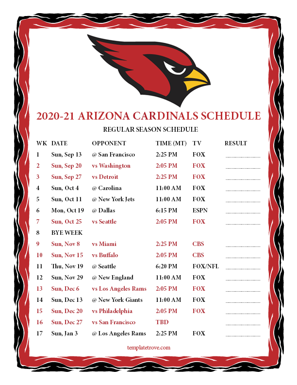 Printable 2020 2021 Arizona Cardinals Schedule