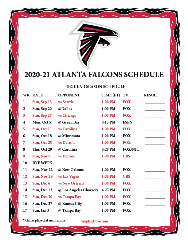 Atlanta Falcons Schedule 2021 Printable