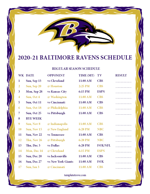 Printable 2020 2025 Baltimore Ravens Schedule