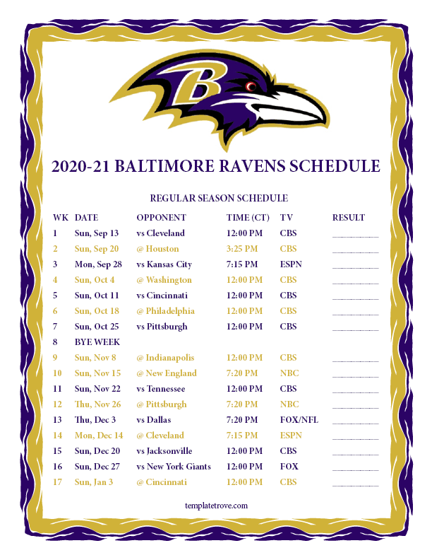 Printable 2020 2021 Baltimore Ravens Schedule