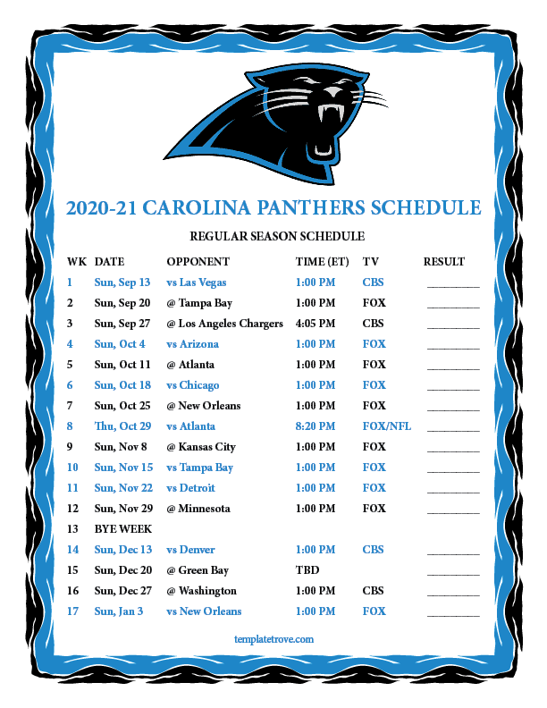 Printable 2020 2025 Carolina Panthers Schedule
