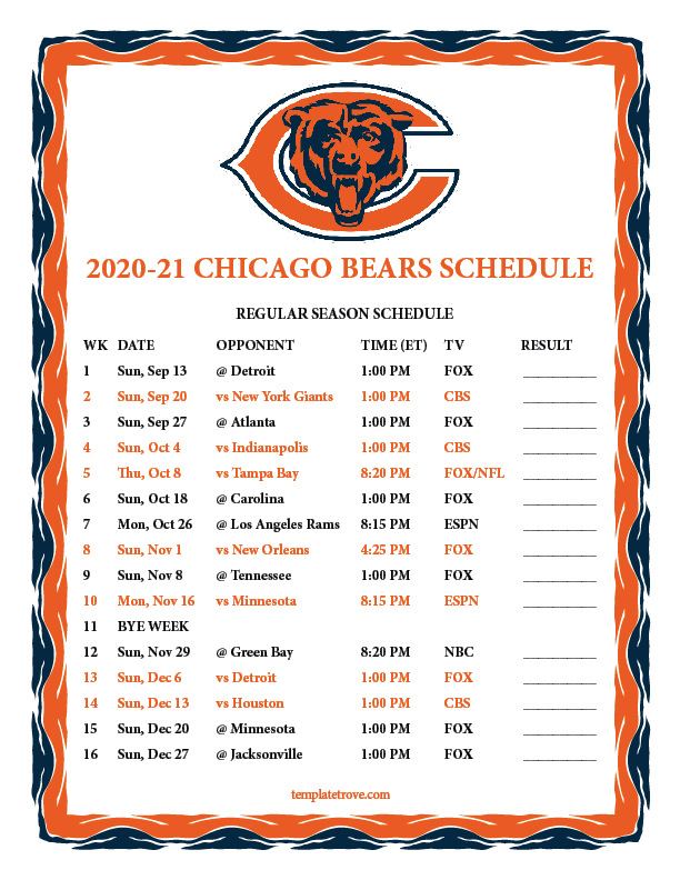 Printable 2020 2025 Chicago Bears Schedule