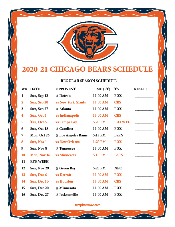 Printable 2020 2021 Chicago Bears Schedule